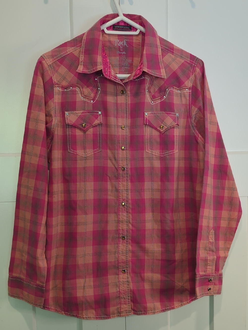 Rock & Roll Cowgirl Embellished Pink Plaid Western Button-Front Shirt Size L